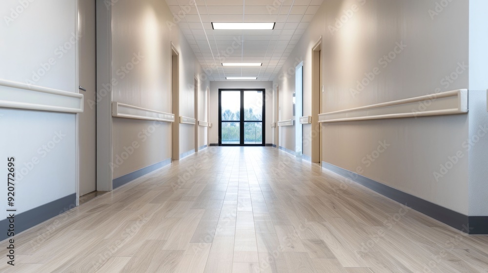Poster bright and spacious corridor with inclusive modern design features for age friendly environments the