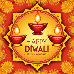 happy diwali background with burning candles, dark and blurred background