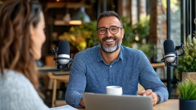 A man wearing glasses is hosting a podcast show, speaking to a female guest. They are in a modern indoor setting with microphones and a laptop on the table.