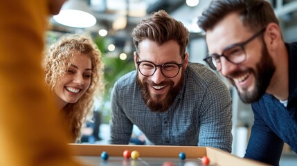 A group of friends, enjoying each other’s company, are laughing and playing a ball game in a modern indoor space, showcasing their close bond and joyful interaction.