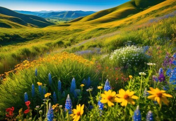 Obraz premium vibrant landscapes showcasing stunning natural vistas lush majestic clear blue colorful wildflowers, nature, greenery, mountain, sky, scenery, view, park