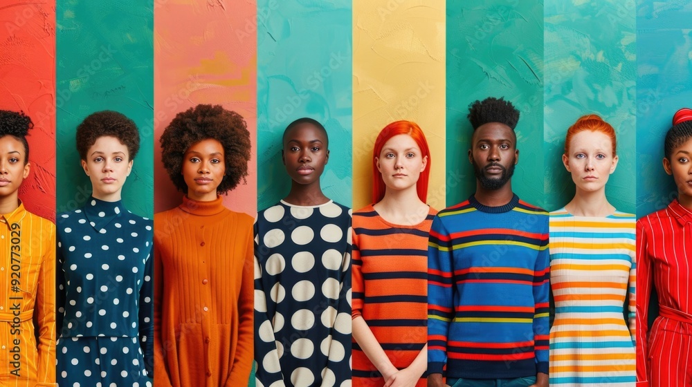 Poster diverse business team of multiracial coworkers communicating and collaborating in a colorful studio 