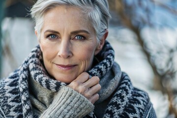 Minimalism. Autumn portrait of a beautiful elderly woman, a pensioner of 70 years old. She is wearing a scarf with an ethnic pattern and a warm sweater. The concept of the life of the elderly.