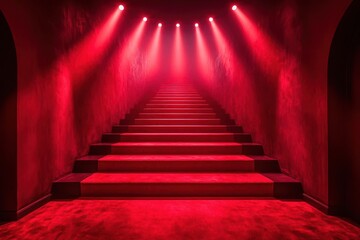 dramatic red carpet under theatrical spotlights rich crimson hue contrasting with surrounding darkness creating sense of anticipation and glamour