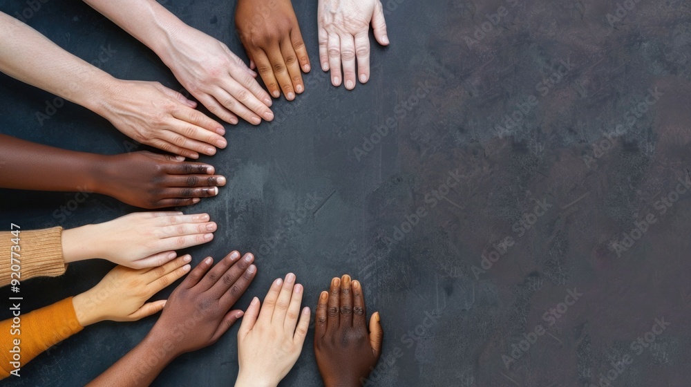 Poster diverse hands from different ethnicities and backgrounds joining together in a gesture of and unity 