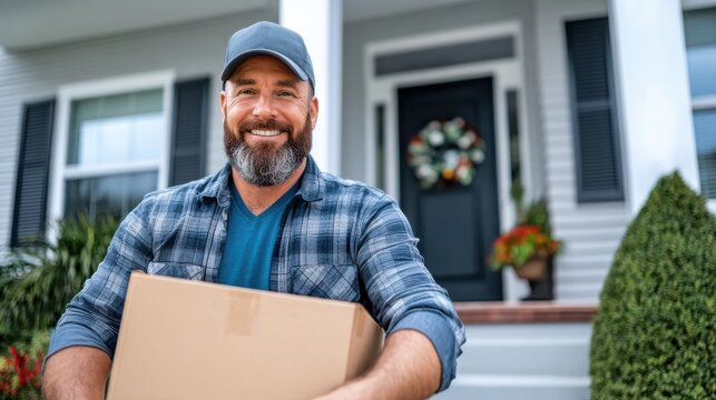 A content delivery man stands in front of a house, holding packages, representing a successful delivery, customer service satisfaction, and reliable delivery services.
