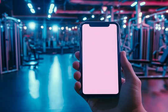 Smartphone in Hand with Blurred Gym Background.
