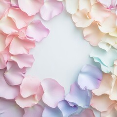 Fototapeta premium Pastel Petals Frame: A delicate frame of rainbow rose petals encircles a pristine white space, inviting creativity and romance. 