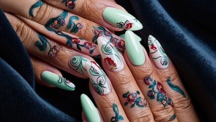 A woman with green and white manicured nails holding a hand, AI