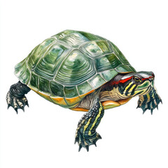 Obraz premium Bright Watercolor Illustration of a Friendly Red-Eared Turtle with a Cheerful Face