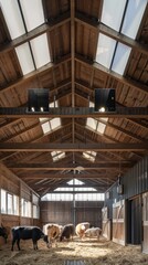 Fototapeta premium Cows are feeding on straw inside a spacious barn designed with natural light