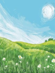 Fototapeta premium Peaceful field with vibrant wildflowers and clear sky.