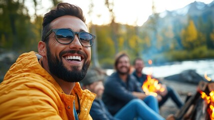 A man wearing sunglasses and a yellow jacket sitting by a campfire with friends in a beautiful wilderness setting, all enjoying the serene and picturesque environment.