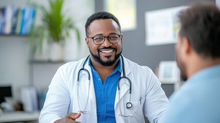 A friendly male doctor, wearing a white coat and glasses, smiling and engaging in a conversation with a patient in a clinic, showing care and professionalism.