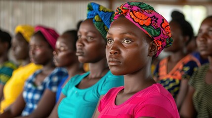 Vibrant portrait of a group of confident African women wearing colorful traditional headscarves and clothing