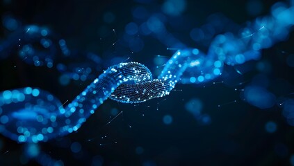 A blue digital chain, symbolizing the connection and security of blockchain technology. The background is dark to highlight details in the complex network structure. There is an emphasis on light effe