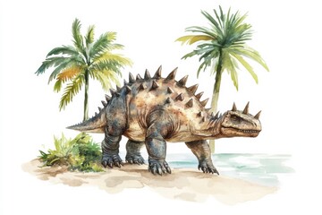 ankylosaurus dinosaur on tropical beach, vintage watercolor illustration, isolated on white background