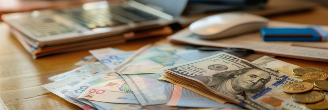 International banknotes and coins spread on a table next to various digital devices, symbolizing the integration of traditional and modern finance.