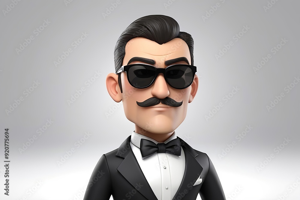 Wall mural dashing secret agent with a tuxedo and sunglasses, ready for a mission in 3d design on a white backg