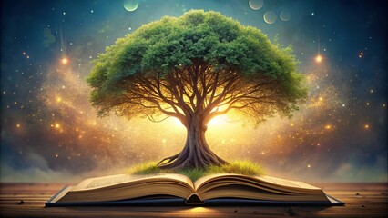 Old tree with intricate roots growing on open pages of a magical book , life, knowledge, wisdom, tree, roots, book, open, magic