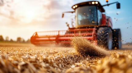Fototapeta premium A red combine harvester is actively harvesting wheat in a field at sunset, showcasing the efficiency, dedication, and advancement in modern agricultural practices.
