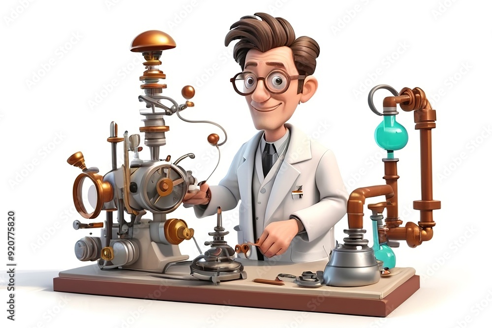 Wall mural eccentric inventor with a lab coat and quirky gadgets, working on a strange contraption in 3d style 