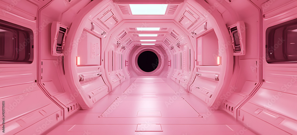 Sticker Pink retro sci-fi spaceship hallway design.