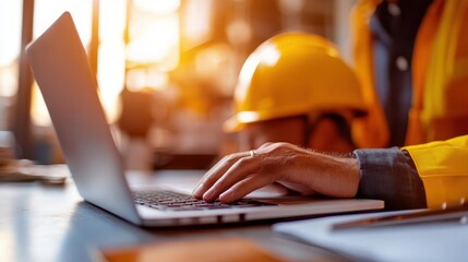 Factory worker in yellow jacket and hard hat uses a laptop for work in an industrial setting, emphasizing concentration and dedication with a modern technological approach.