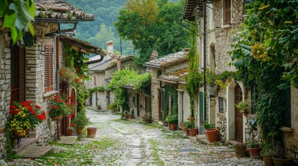 Fototapeta premium A picturesque stone village street enveloped by abundant greenery, lined with quaint homes and blossoming flowers, offering a serene and timeless rural environment.