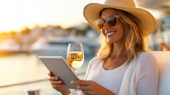 Woman in sunhat holds a glass of white wine and a tablet on a boat, exuding elegance and sophistication as she enjoys the serene water and tranquil surroundings.