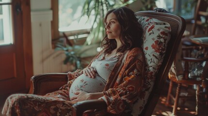 Fototapeta premium A pregnant woman in a floral dress sits in a cozy, sunlit room, cradling her belly. The space is filled with natural light, plants, and warm, comforting tones.