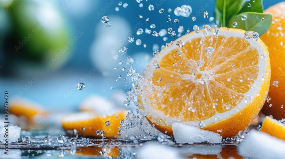 Poster a visually refreshing image of orange halves with ice cubes splashing in water, capturing the essenc