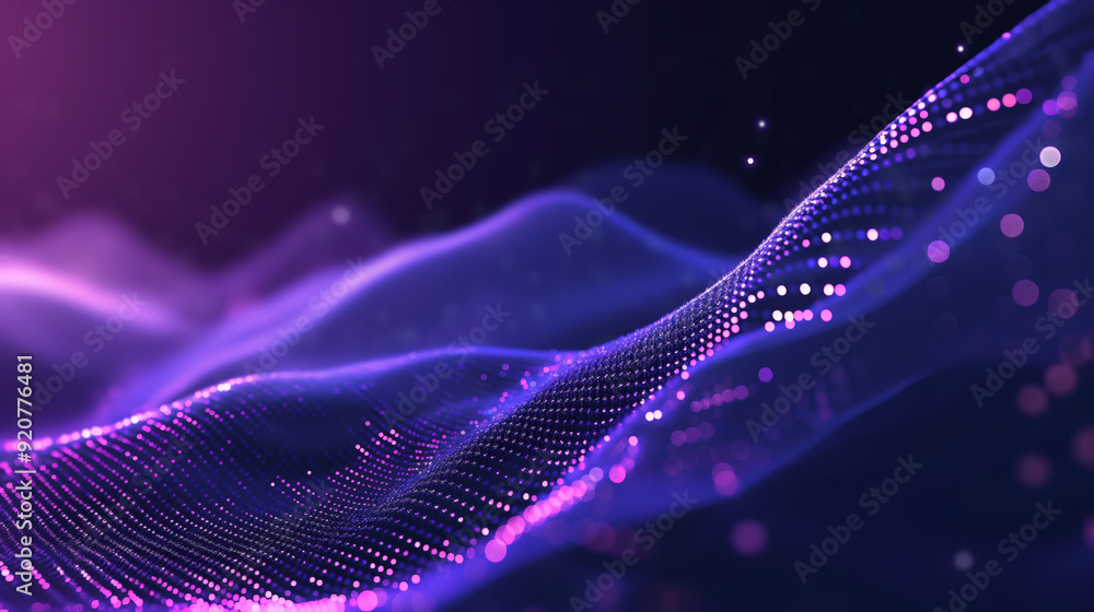 Poster purple abstract background of dots, arrays of information flows