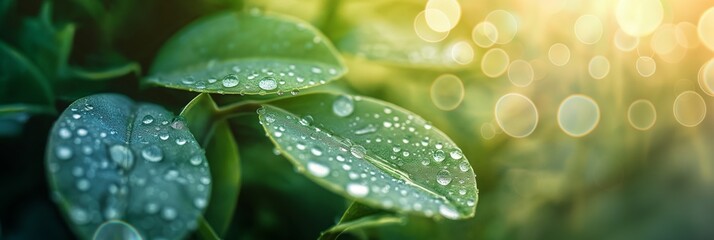 A stunning close-up photograph of green leaves covered in water droplets, bathing in soft morning light, surrounded by nature.