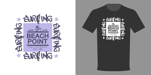 Vector illustration. T-shirt SURFING. Logo in a square with graffiti. SURF CLUB. CALIFORNIA. Fashionable T-shirt design in a minimalist style. Streetwear of the highest quality. Urban style