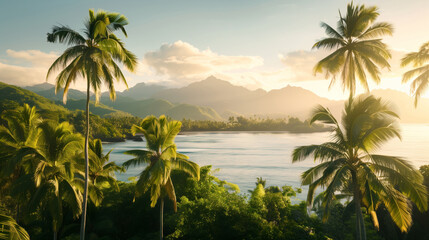 Sunset landscape with palm trees and tropical plants and ocean and mountain views
