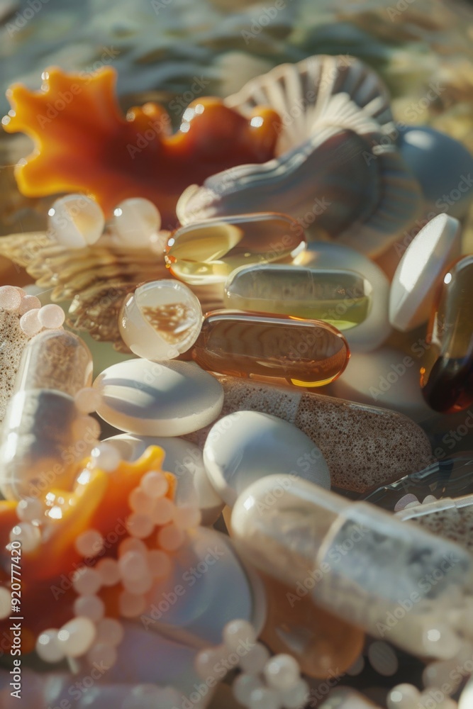 Poster a pile of pills and shells on a table. the pills are of different colors and sizes, and the shells a