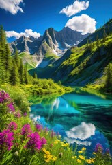 stunning vibrant landscapes featuring untouched natural beauty lush majestic crystal clear waters, nature, greenery, mountains, sky, clouds, trees