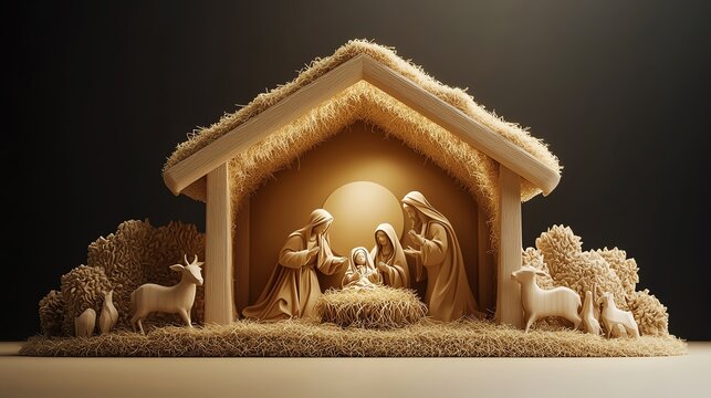 Traditional Christmas nativity scene with figures of Mary, Joseph, Jesus, and animals.