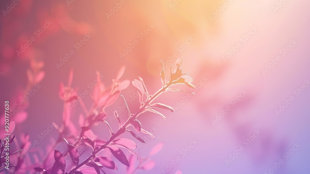 Poster Image of a branch with leaves highlighted against a background that changes colors from pink to purple, creating a soft and ethereal atmosphere with a sense of tranquility.