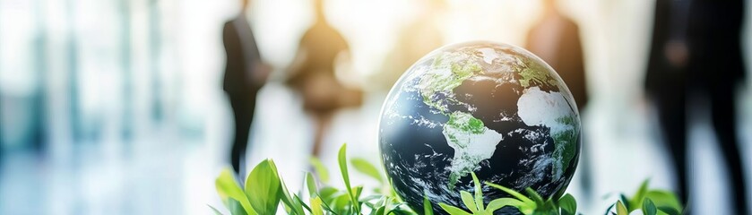 Corporate leaders strategizing global sustainability initiatives, sustainable global business practices