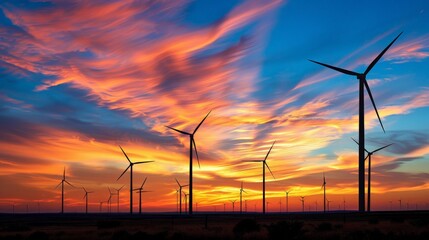 Obraz premium Wind turbines stand tall beneath a dramatically colorful sunset sky with swirling clouds, marking a stunning blend of natural beauty and renewable energy technology.