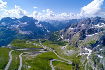 Winding road curves in the forest - aerial view. Beautiful simple AI generated image in 4K, unique.