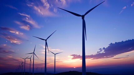 Obraz premium Several wind turbines are situated on rolling hills, captured at the tranquil hour of sunset, blending renewable energy technology with the peaceful natural landscape.