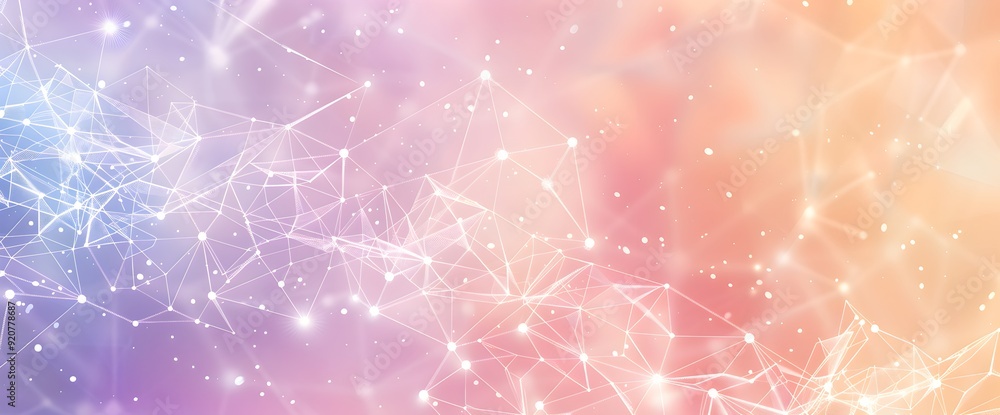 Poster abstract background with a polygonal mesh in light grey and pastel colors, white dots connected by lines and triangles forming a gradient from left to right, a soft glow with a blurred background in a