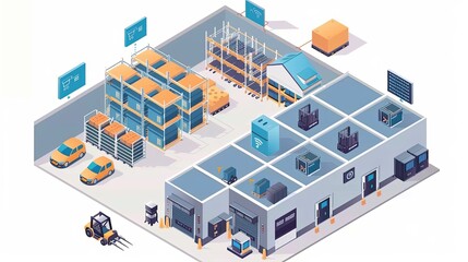 Naklejka premium Efficient Isometric Smart Warehouse with IoT Devices and Automated Picking Systems for Precise Inventory Handling