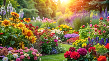 Fototapeta premium Vibrant garden scene with colorful flowers and leaves , nature, garden, vibrant, colorful, flowers, leaves, botanical, plant, summer