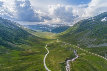 Fototapeta premium Overhead View Of Vehicles Driving On Serpentine Highway In Cheile Bicazului, North-eastern Romania. Aerial Shot. Beautiful simple AI generated image in 4K, unique.
