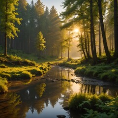 sunlit forest stream with golden light