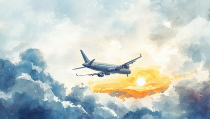 Obraz premium Watercolor illustration of a commercial airplane flying through colorful clouds under the sun